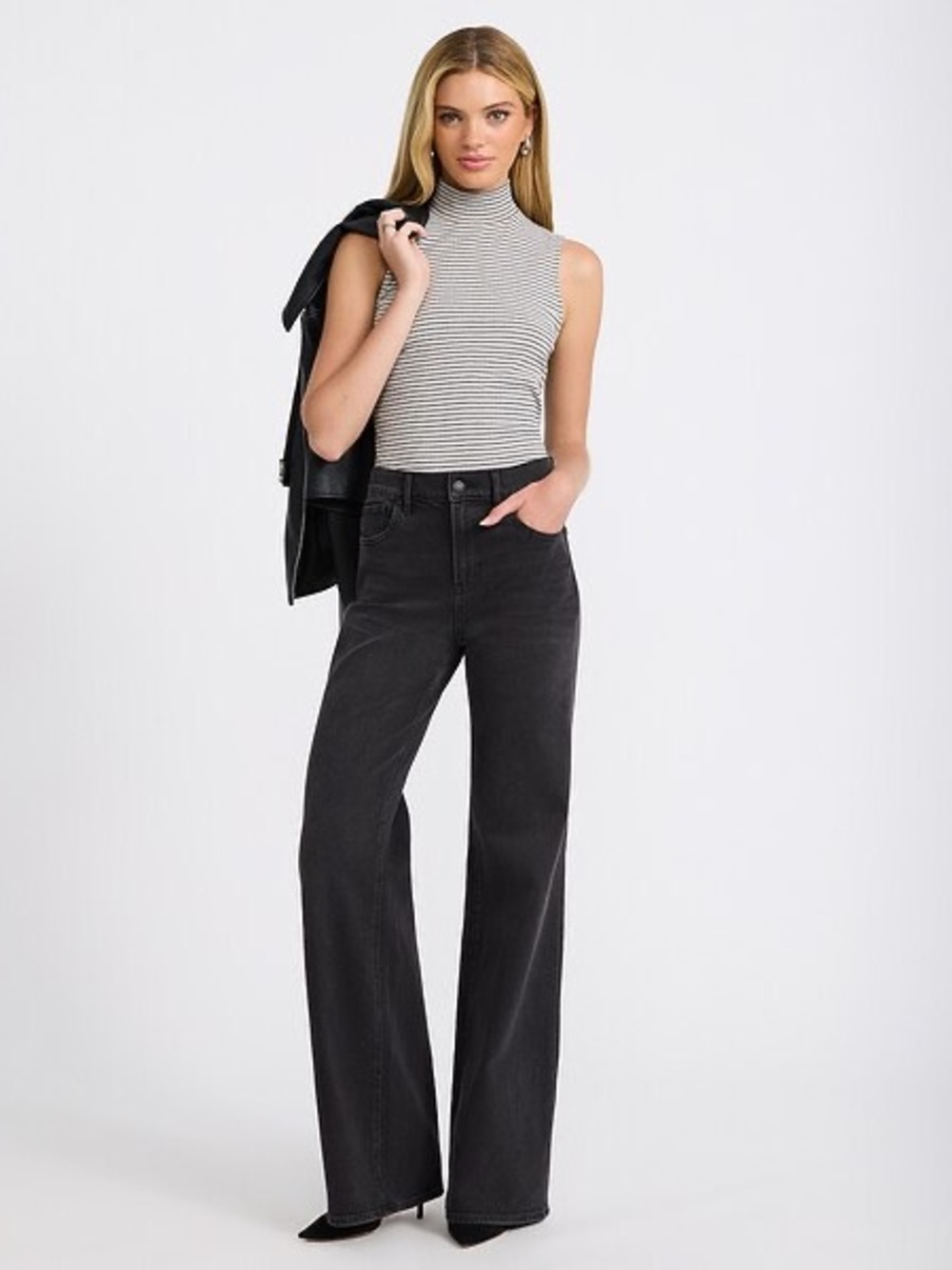 Express Black Distressed BELLE Bottom Jeans with Knee Distress